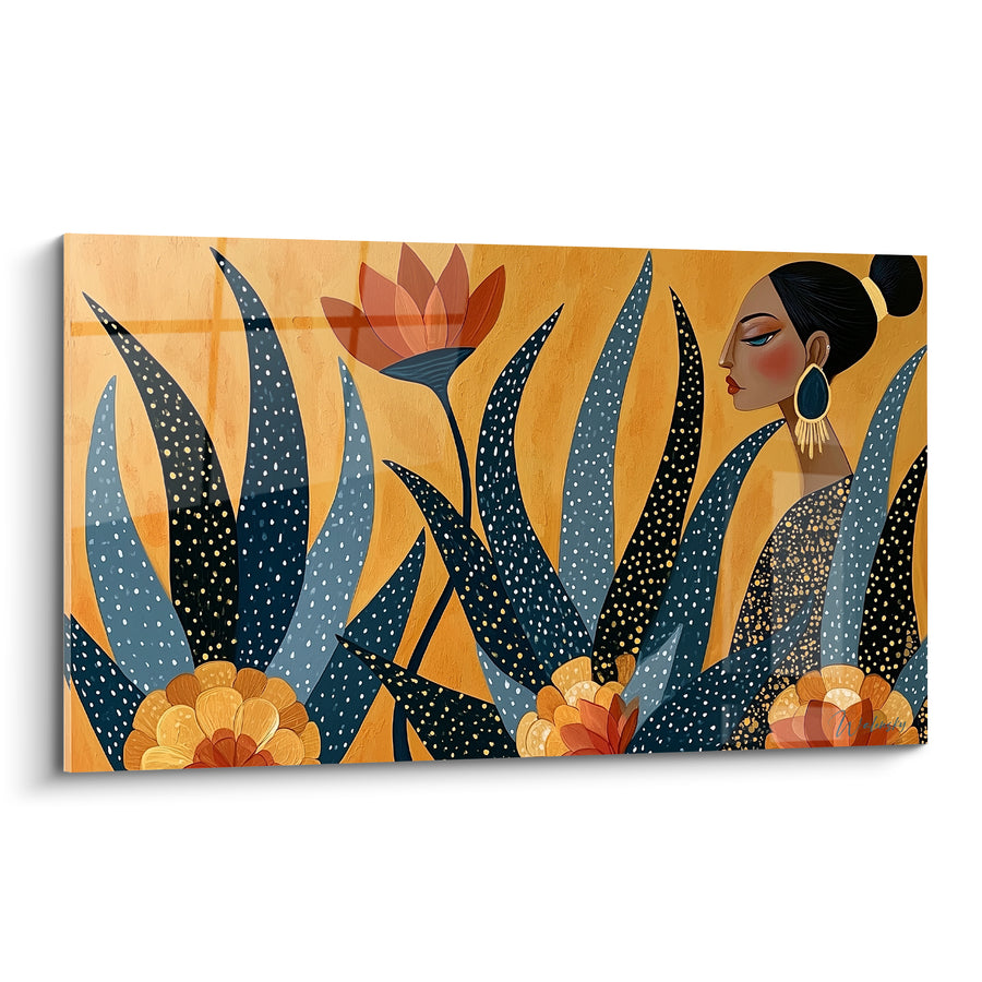 Tableau Femme profil ocre bleu marine parmi aloès - Silence végétal - Edition Aloe vera