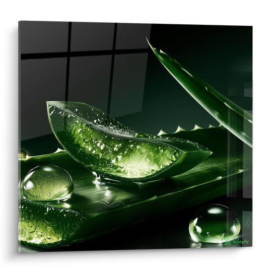 Feuille d'aloe vera tranchée vert émeraude, gouttes de sève sur fond anthracite sombre