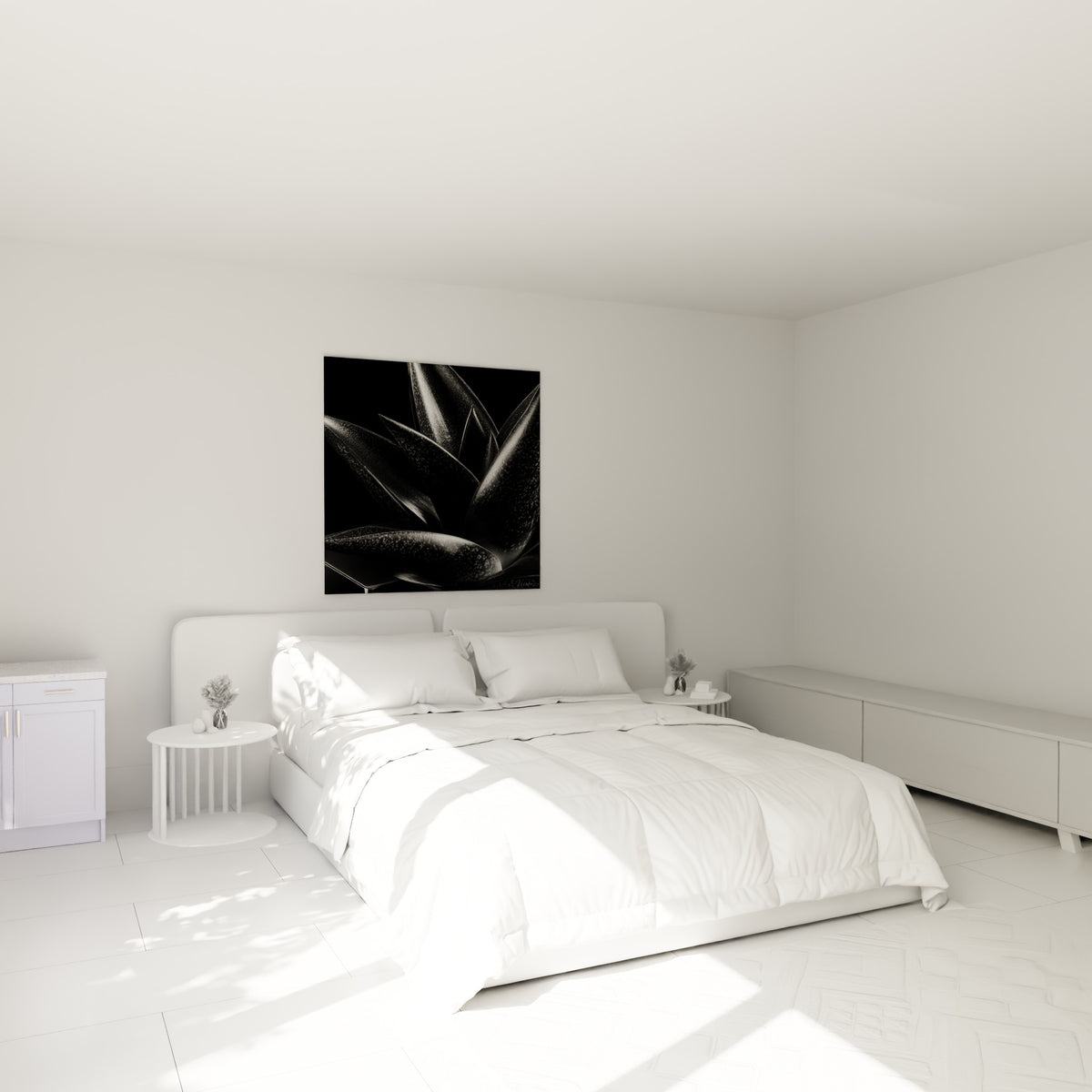 Feuilles d'aloe vera noires et argentées, texture mouchetée, au-dessus d'un lit dans une chambre claire