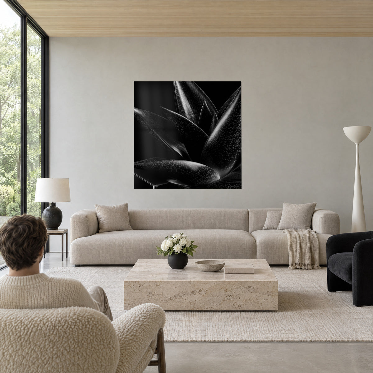 Tableau feuilles d'aloès noir et argent, mouchetures brillantes sur fond ébène, au-dessus d'un canapé dans un salon lumineux