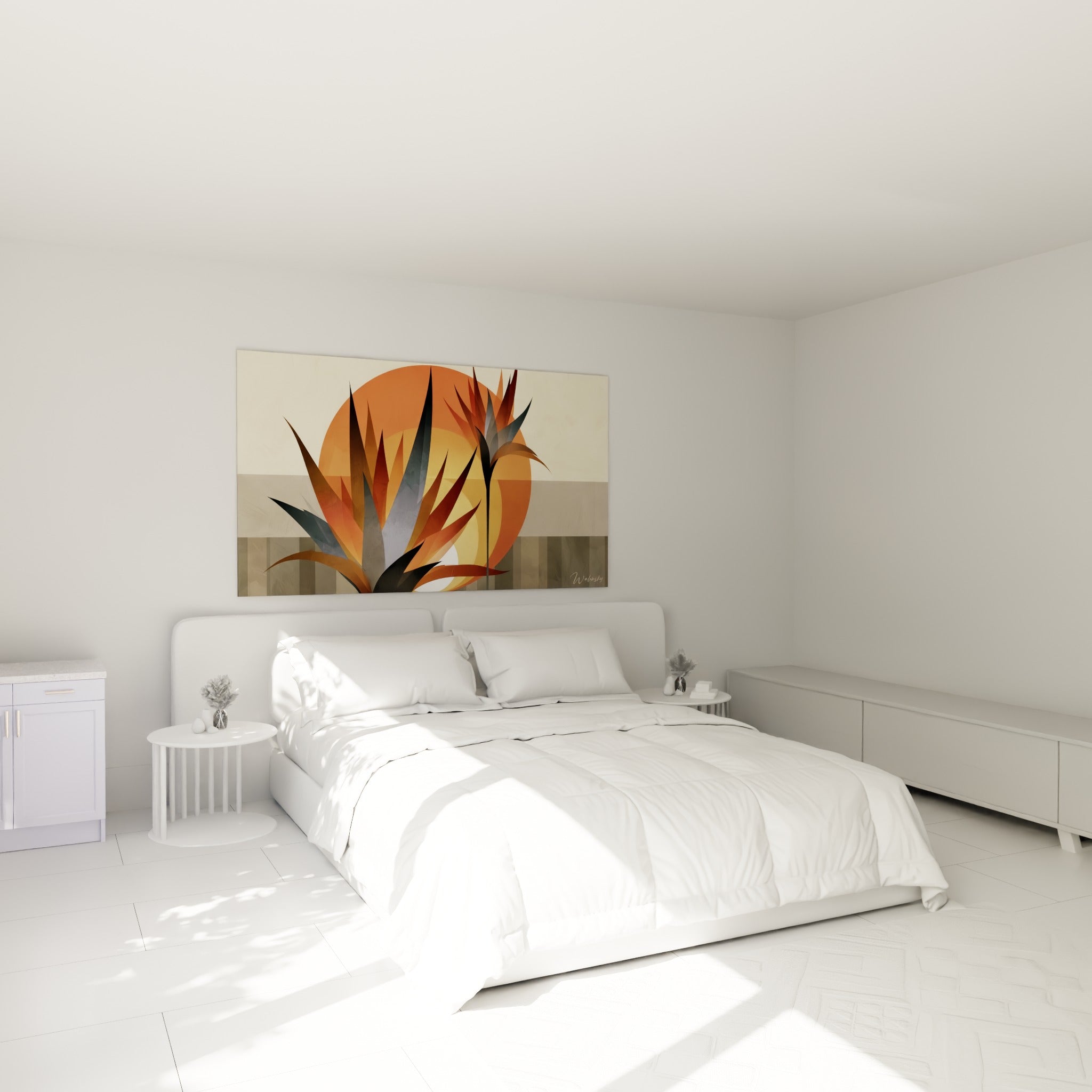 Feuilles graphiques d'aloe vera brun rouille et bleu ardoise au-dessus d'un lit dans une chambre claire