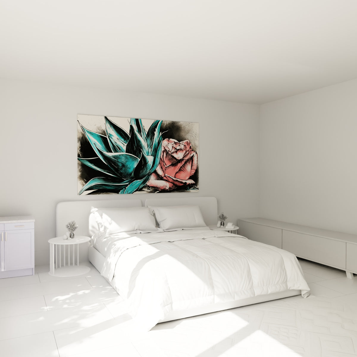 Feuilles turquoise d'Aloe vera et rose corail délicate, accrochées au-dessus d'un lit dans une chambre claire