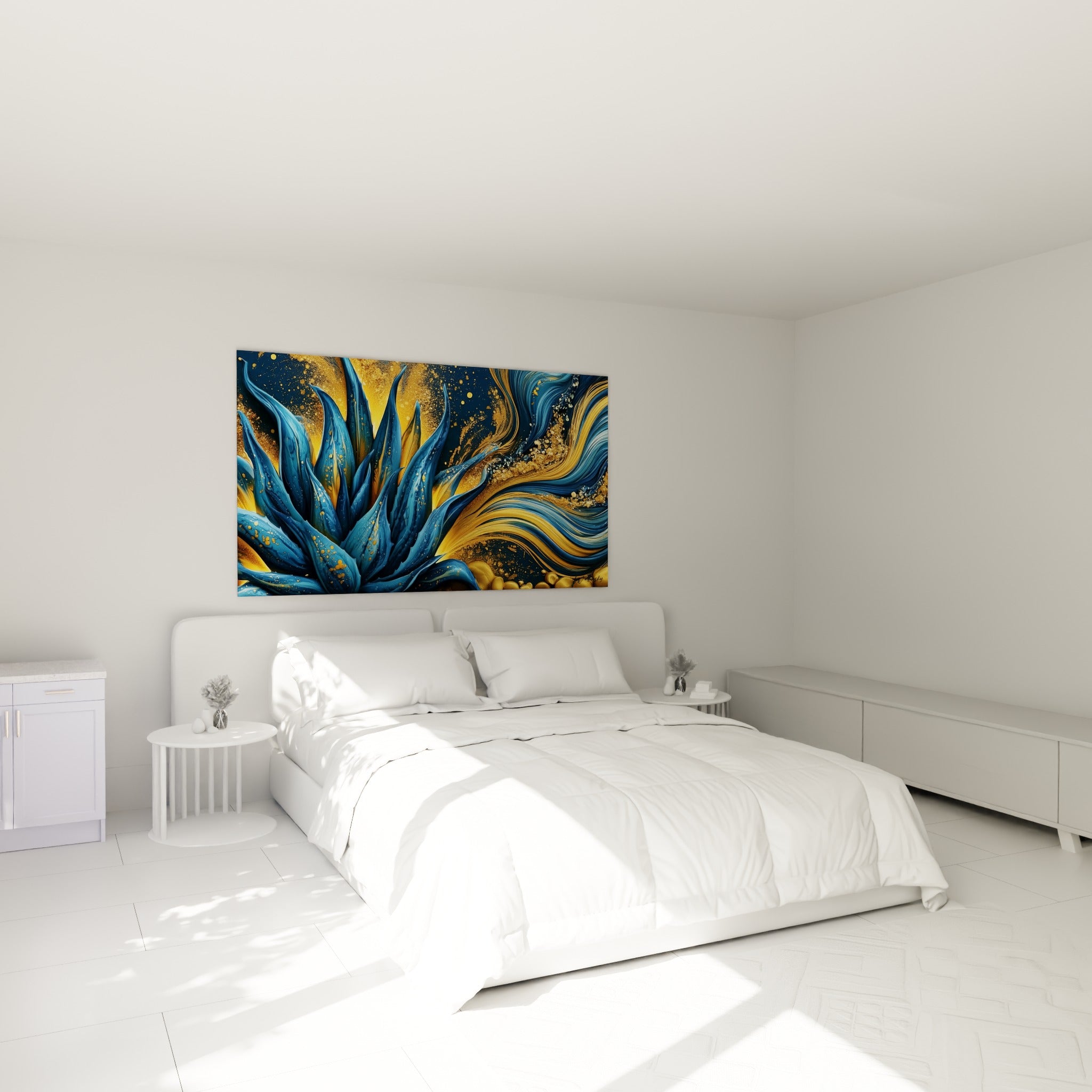 Plante d'Aloe vera bleu et or en tourbillons fluides, accrochée au-dessus d'un lit dans une chambre claire