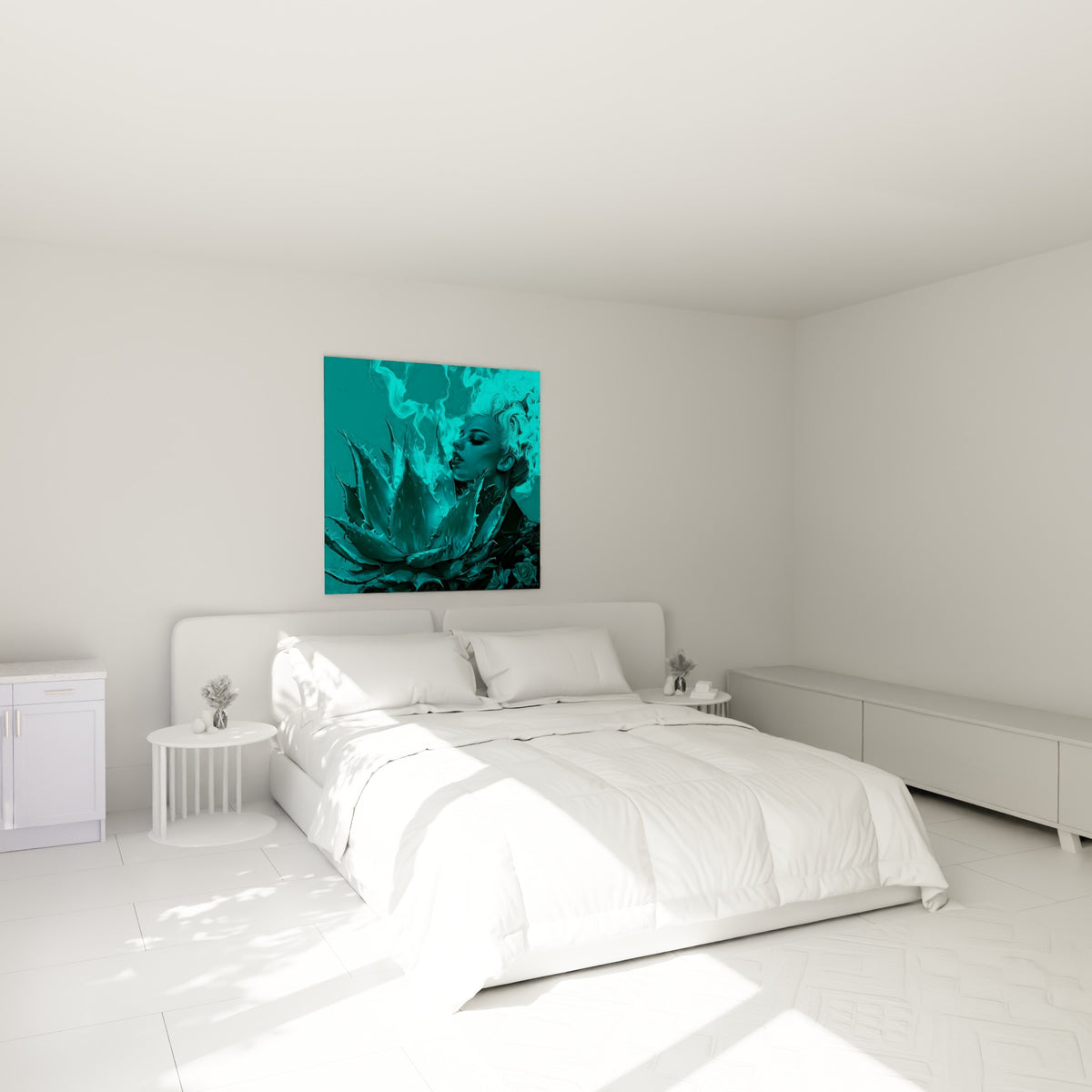 Silhouette bleutée et fumée vaporeuse d'aloe vera au-dessus d'un lit dans une chambre claire