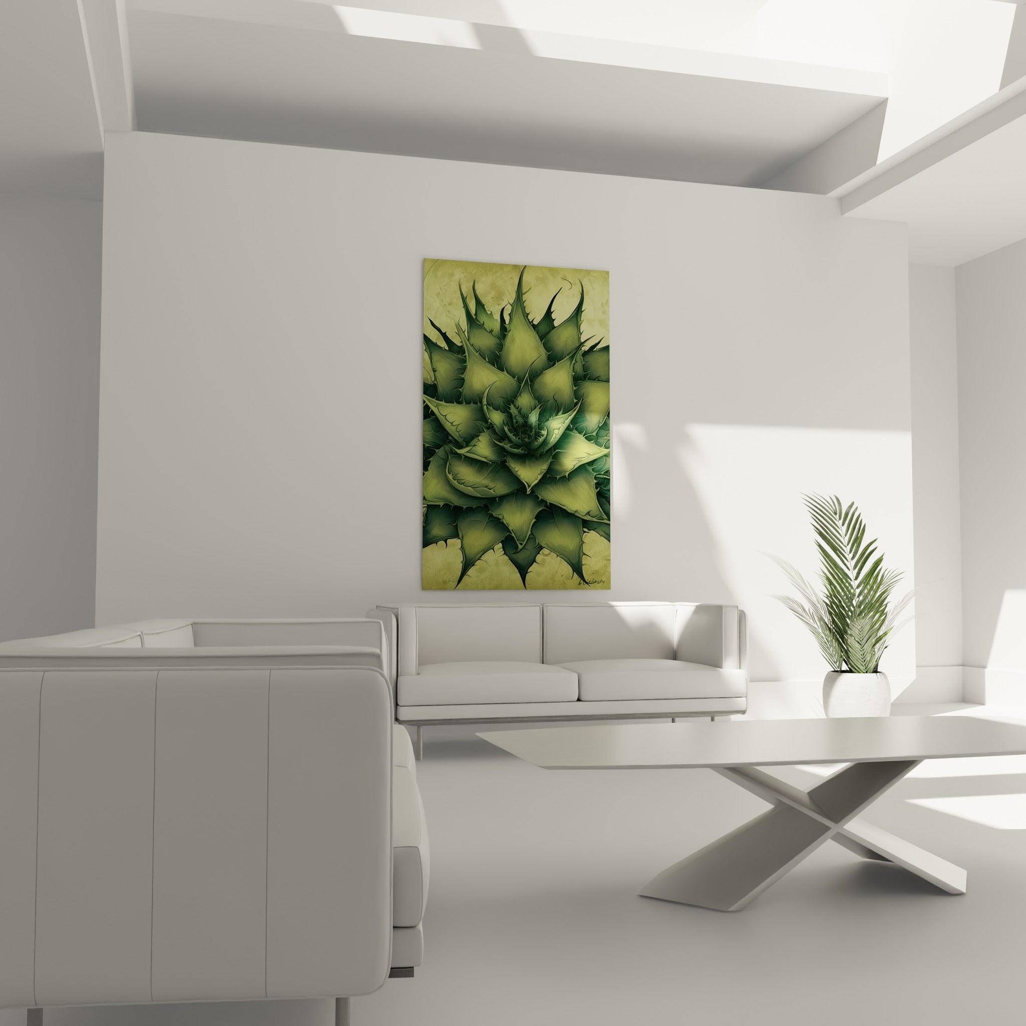 Aloe vera vert olive aux pointes acérées disposé au-dessus d'un canapé dans un salon lumineux