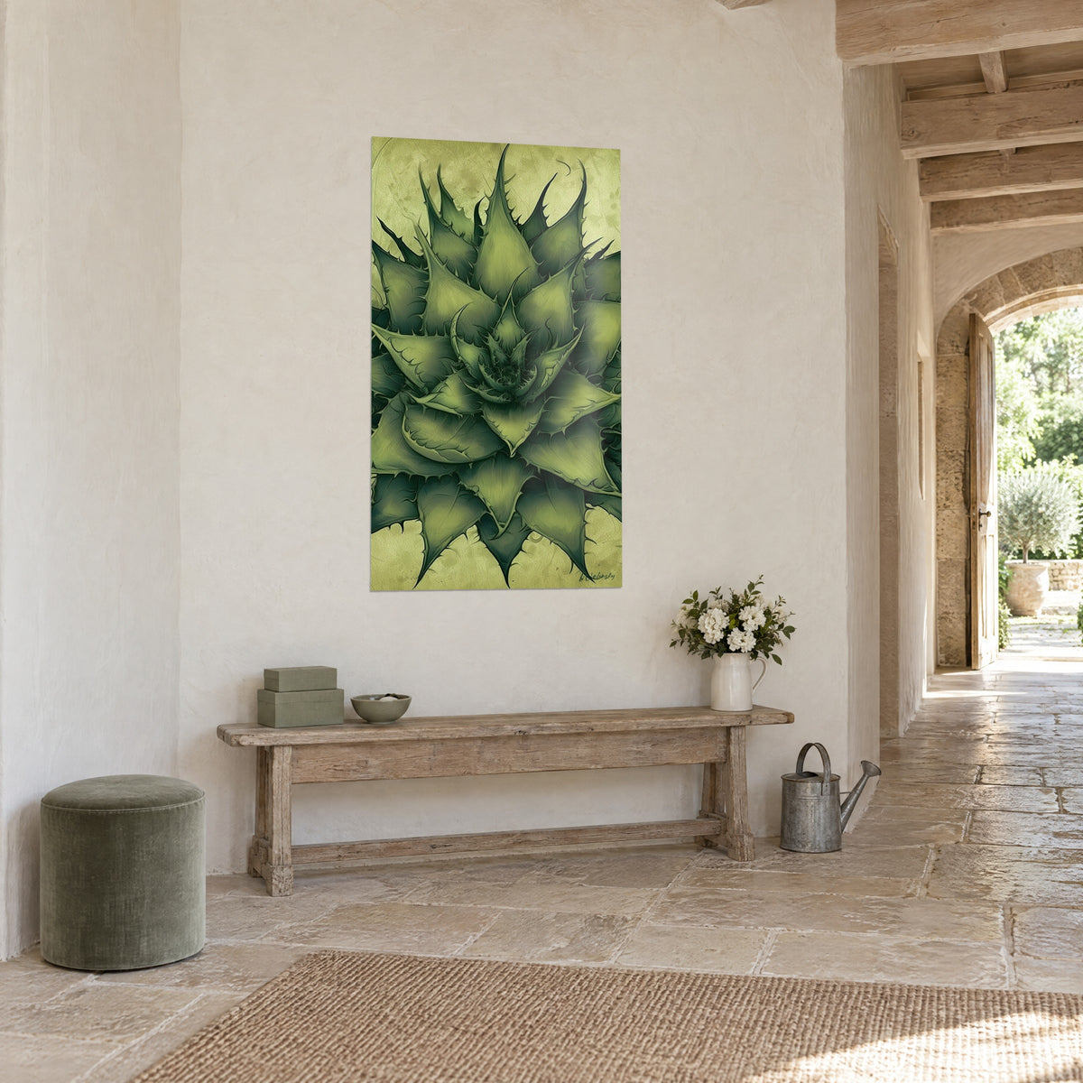 Wall art botanical star in olive and sage green, sharp points on anise-green background, three-quarter view, vaulted stone corridor