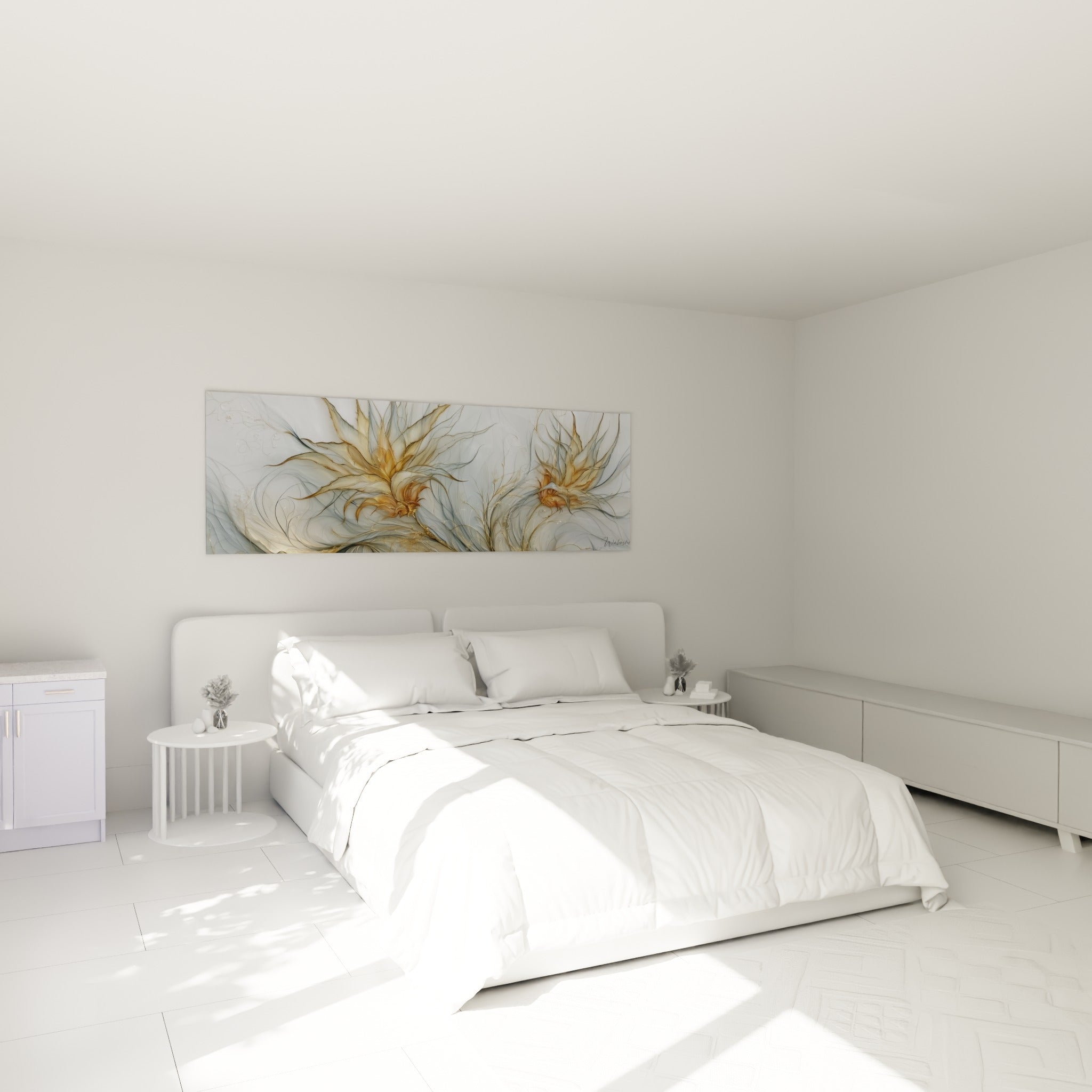 Feuilles dorées d'aloe vera flottant sur gris perle, au-dessus d'un lit dans une chambre claire