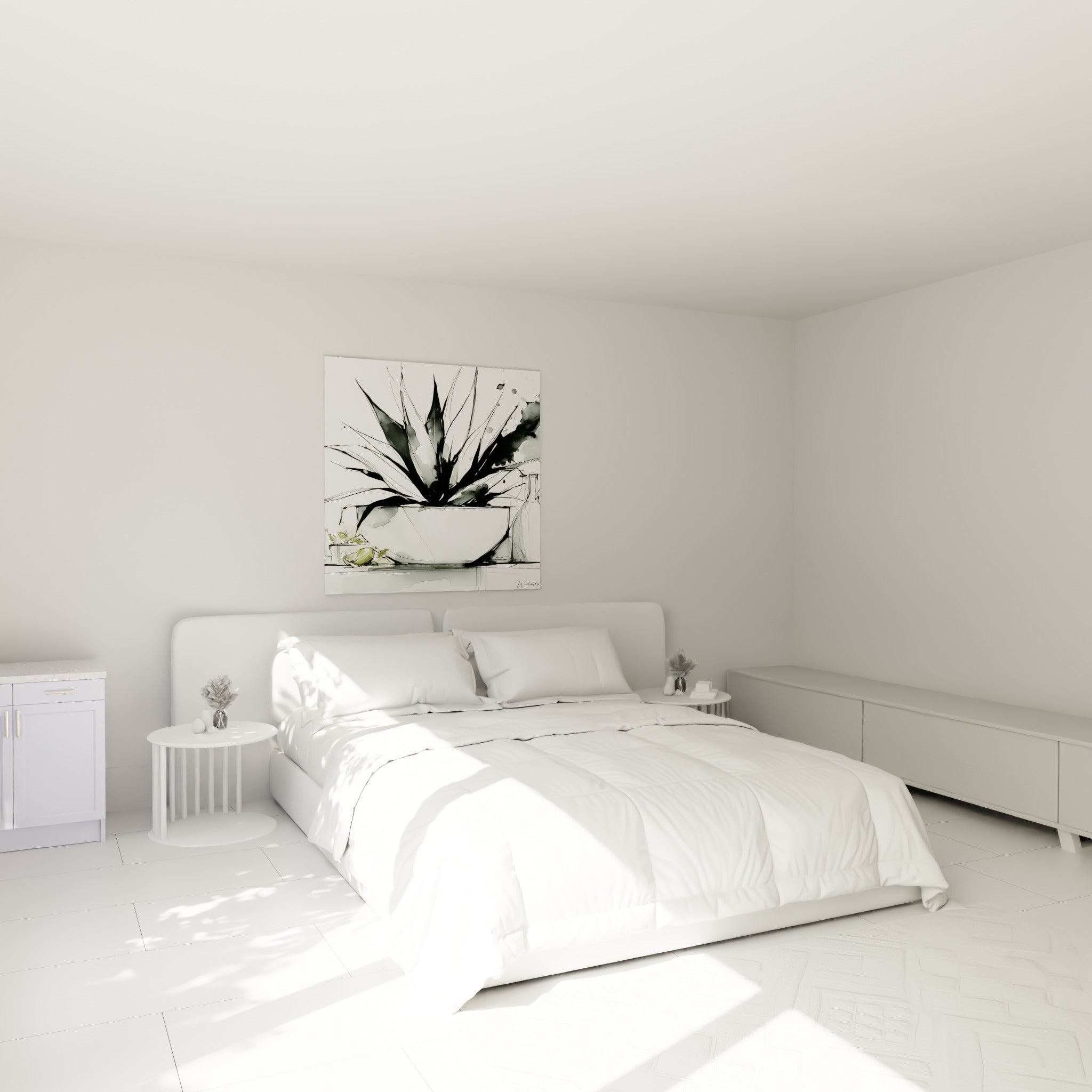 Feuillage d'aloe vera noir et vert olive accroché au-dessus d'un lit dans une chambre claire.