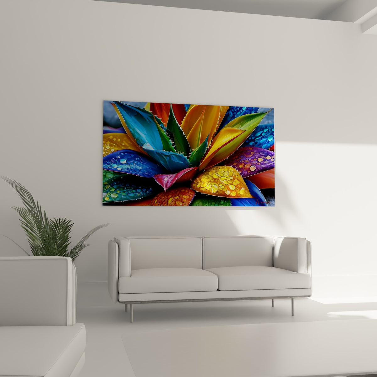 Rosée sur les pointes vertes et violettes d'un Aloe vera, tableau au-dessus d'un canapé dans un salon lumineux