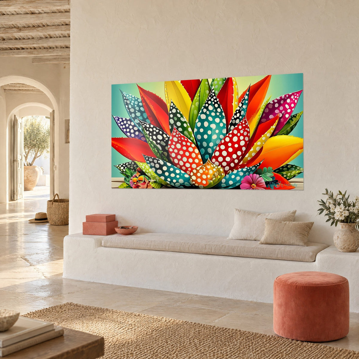 Wall art of a succulent with orange and lemon-yellow tips on a sea-green background, on a cream wall in a Mediterranean home