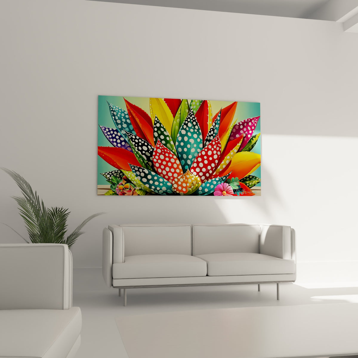 Feuilles orange et violettes de l'aloe vera pointillé, disposées au-dessus d'un canapé dans un salon lumineux