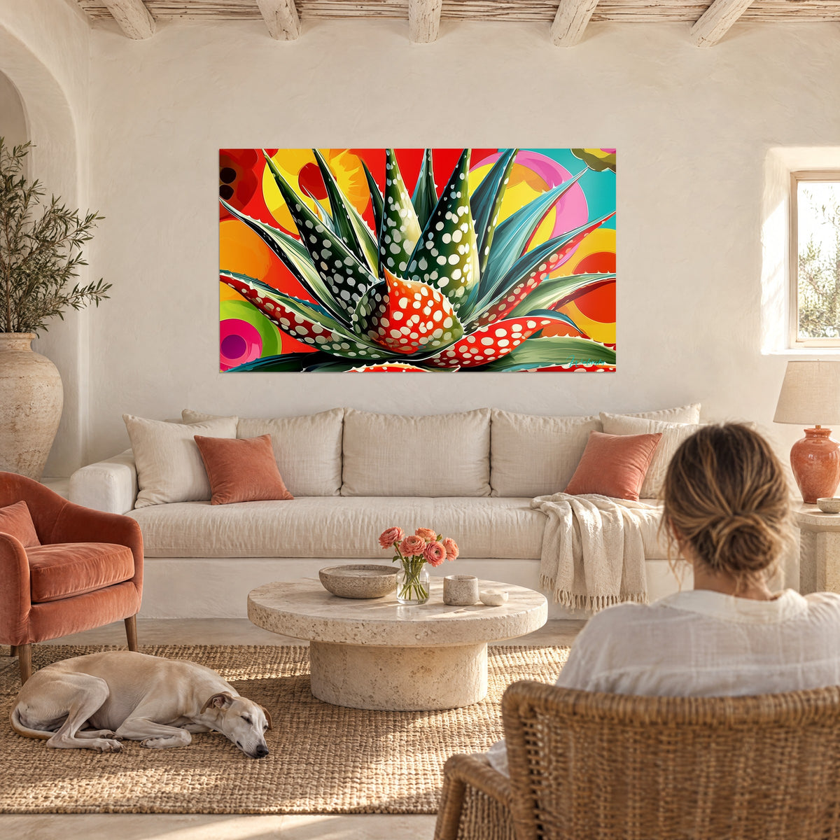 Tableau aloès graphique aux piquants dentelés, feuilles vert sapin et rouge pommelé, au-dessus d'un canapé dans un salon lumineux