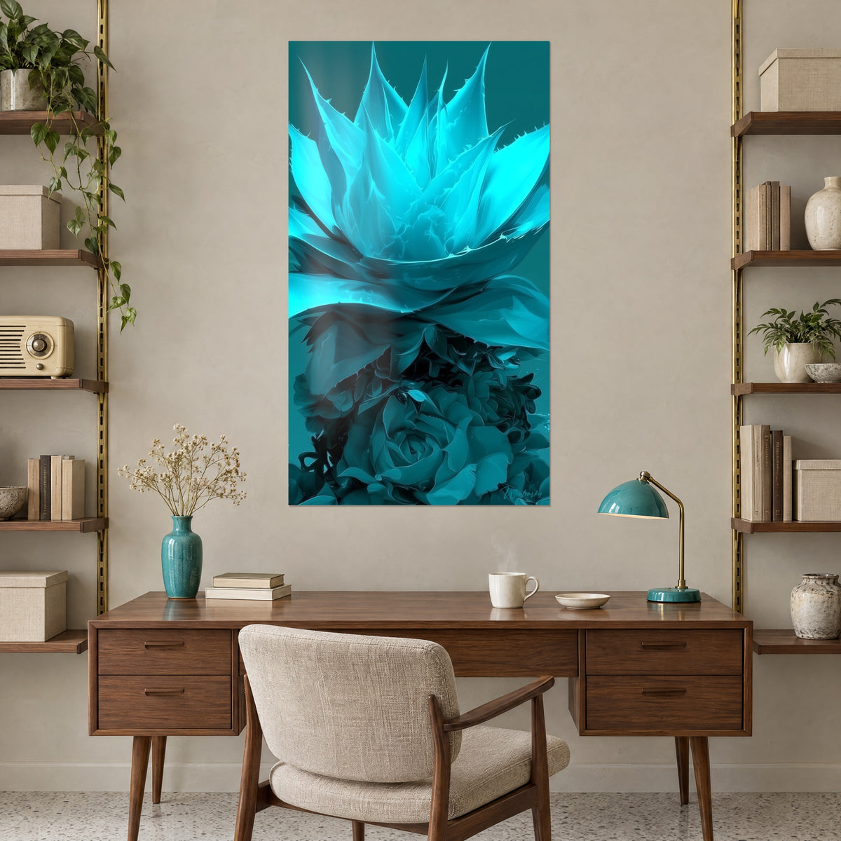 Gemälde Aloe-Vera-Blüte mit eisigen Spitzen, Verlauf von Cyan zu Entenblau, an der Wand eines Holzschreibtischs zwischen zwei Regalen