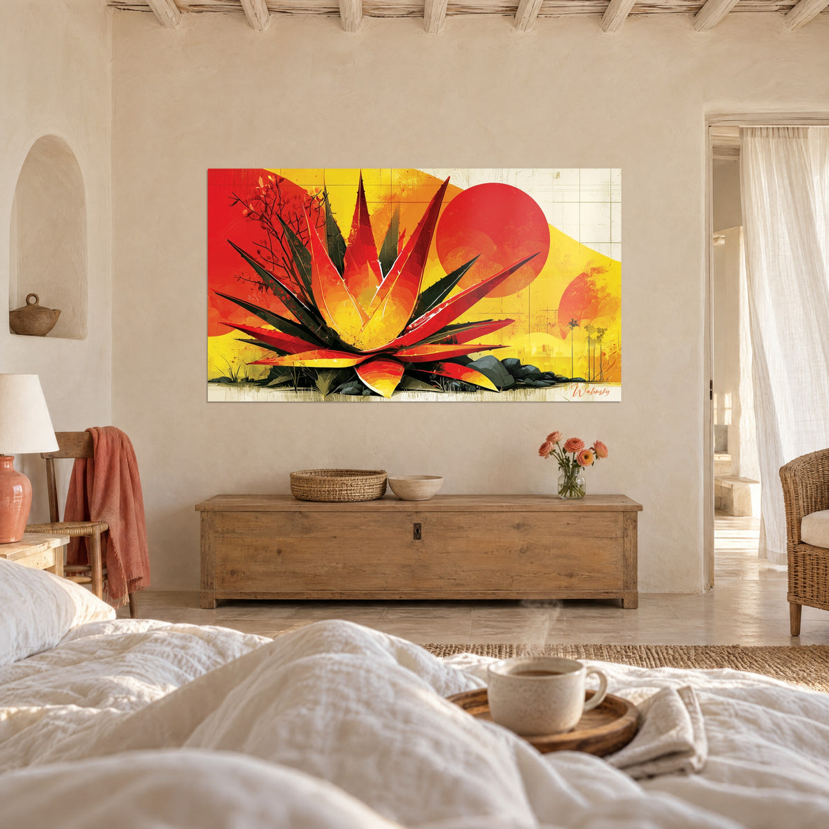 Tableau rosette d'aloe vera flamboyante, feuilles orange et noires sous un soleil rouge, accroché au-dessus d'un lit dans une chambre claire