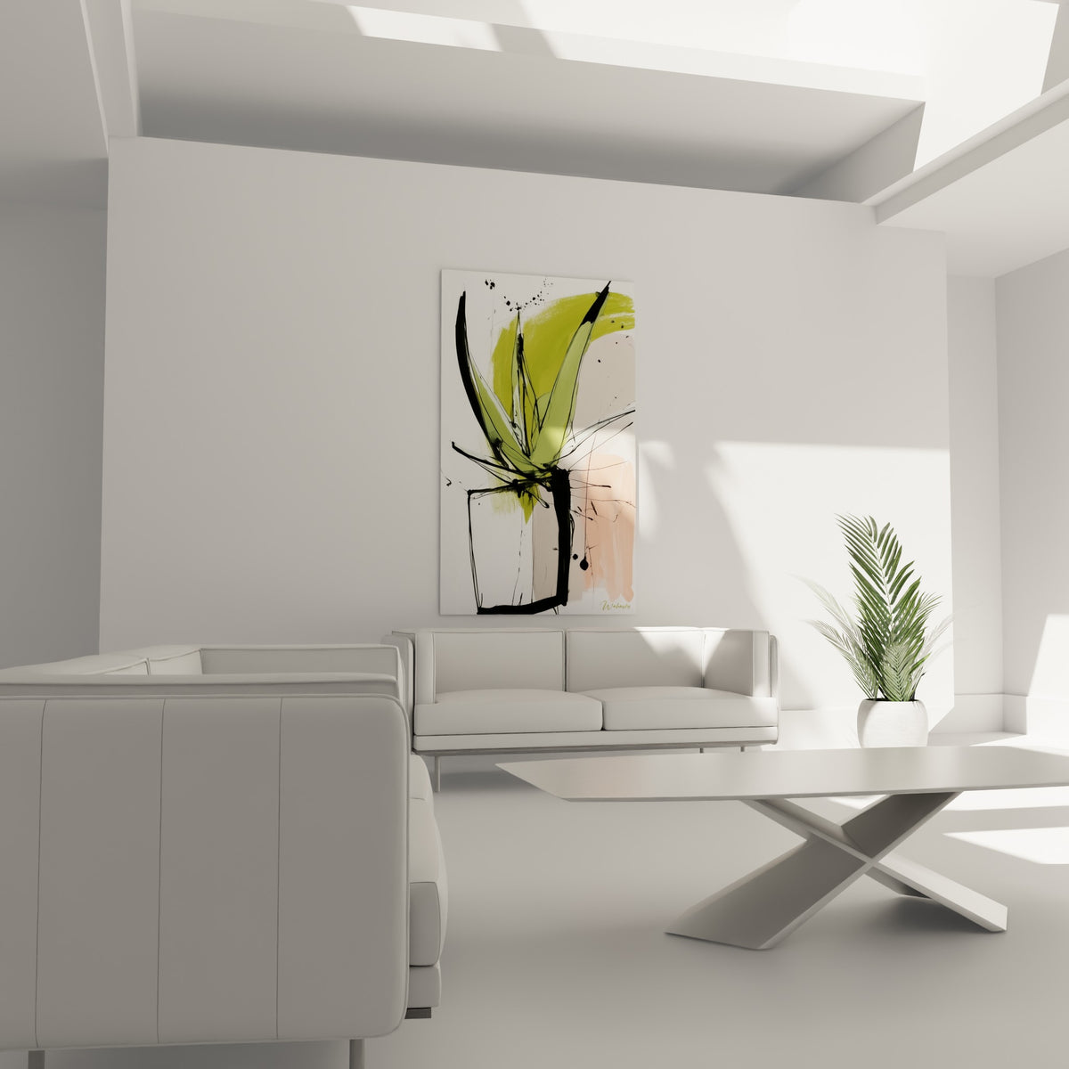Feuilles d'aloe vera stylisées en vert olive et rose pâle, suspendues au-dessus d'un canapé dans un salon lumineux
