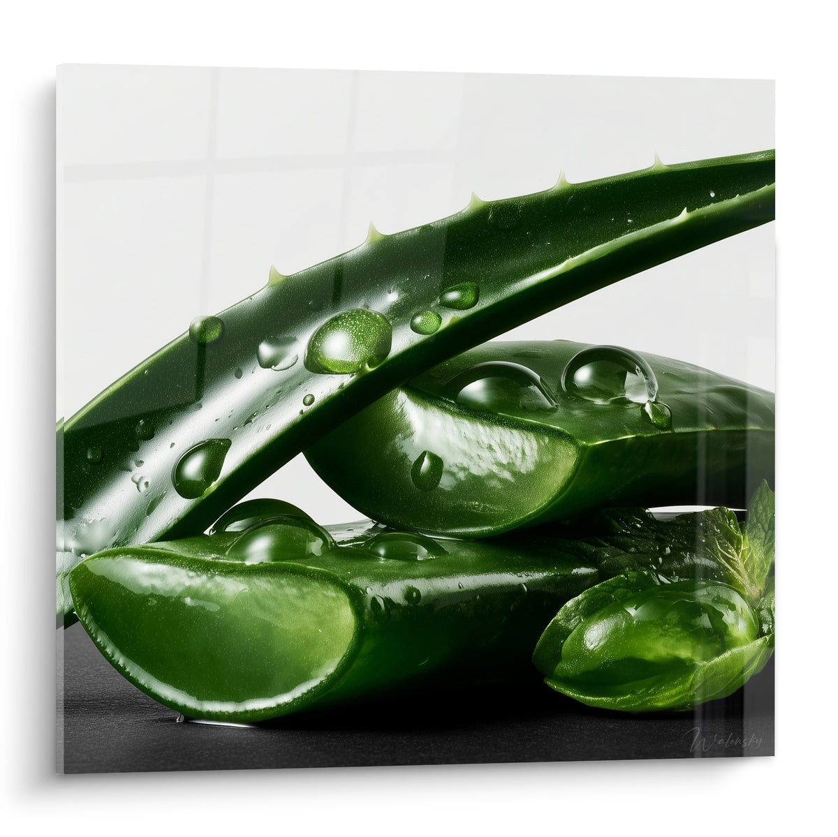 Feuilles d'aloe vera vert émeraude coupées, perlées de gouttes d'eau sur fond anthracite