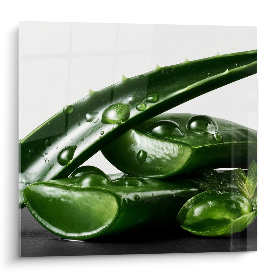 Tableau Feuille vert foncé et blanc aux tronçons empilés - Gouttes perlées sur pulpe - Edition Aloe vera