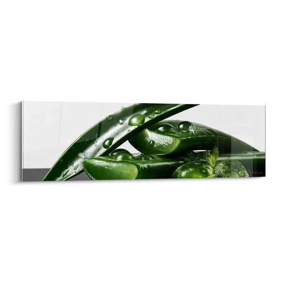 Tableau Feuilles vert sombre et blanc croisées ruisselantes - Gouttes en cascade - Edition Aloe vera