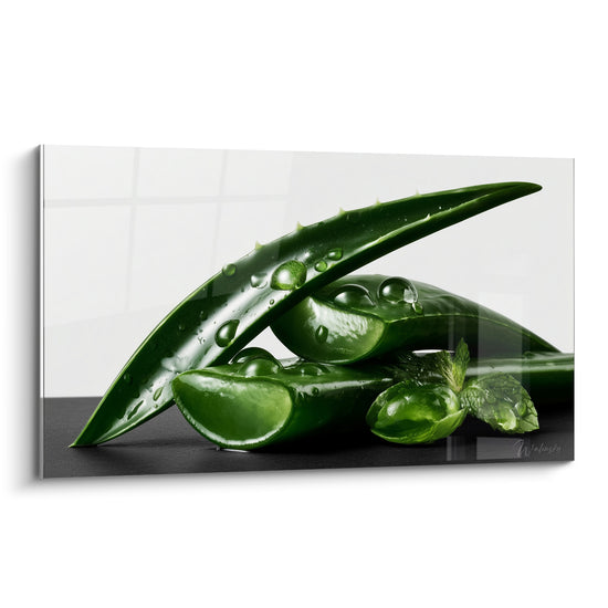 Tableau Feuille vert foncé et blanc aux tronçons luisants - Brins de menthe fraîche - Edition Aloe vera