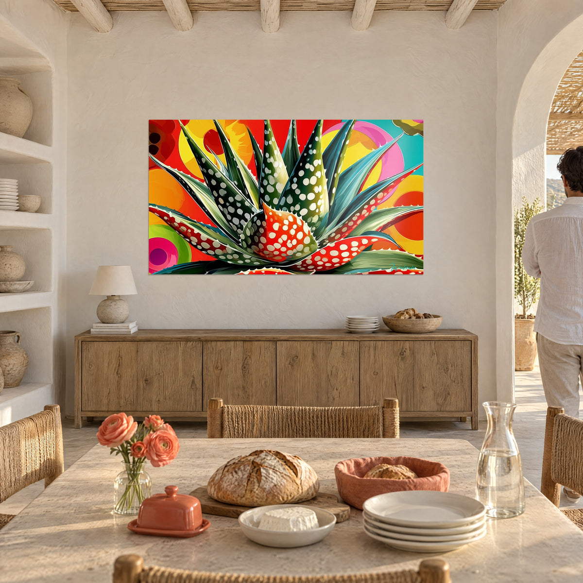 Tableau plante grasse aux feuilles pointues, vert émeraude et rouge tomate piquetés de crème, accroché au-dessus d'un buffet en bois