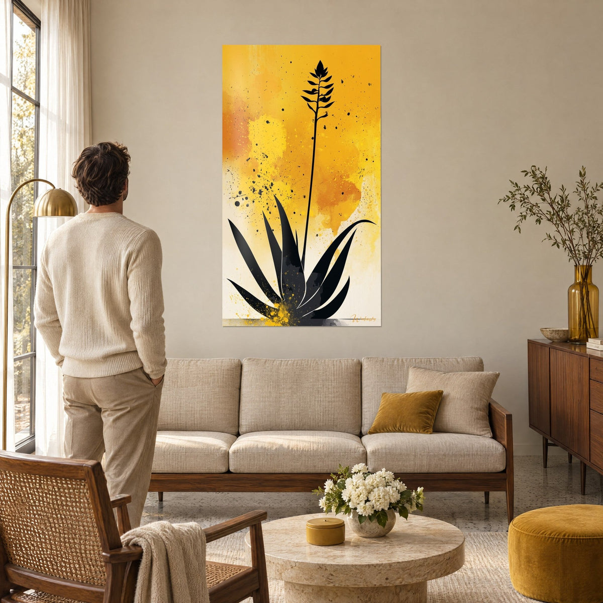 Wall art black aloe on a mustard yellow background, a man in a cream sweater gazes at it, above a sofa in a bright living room