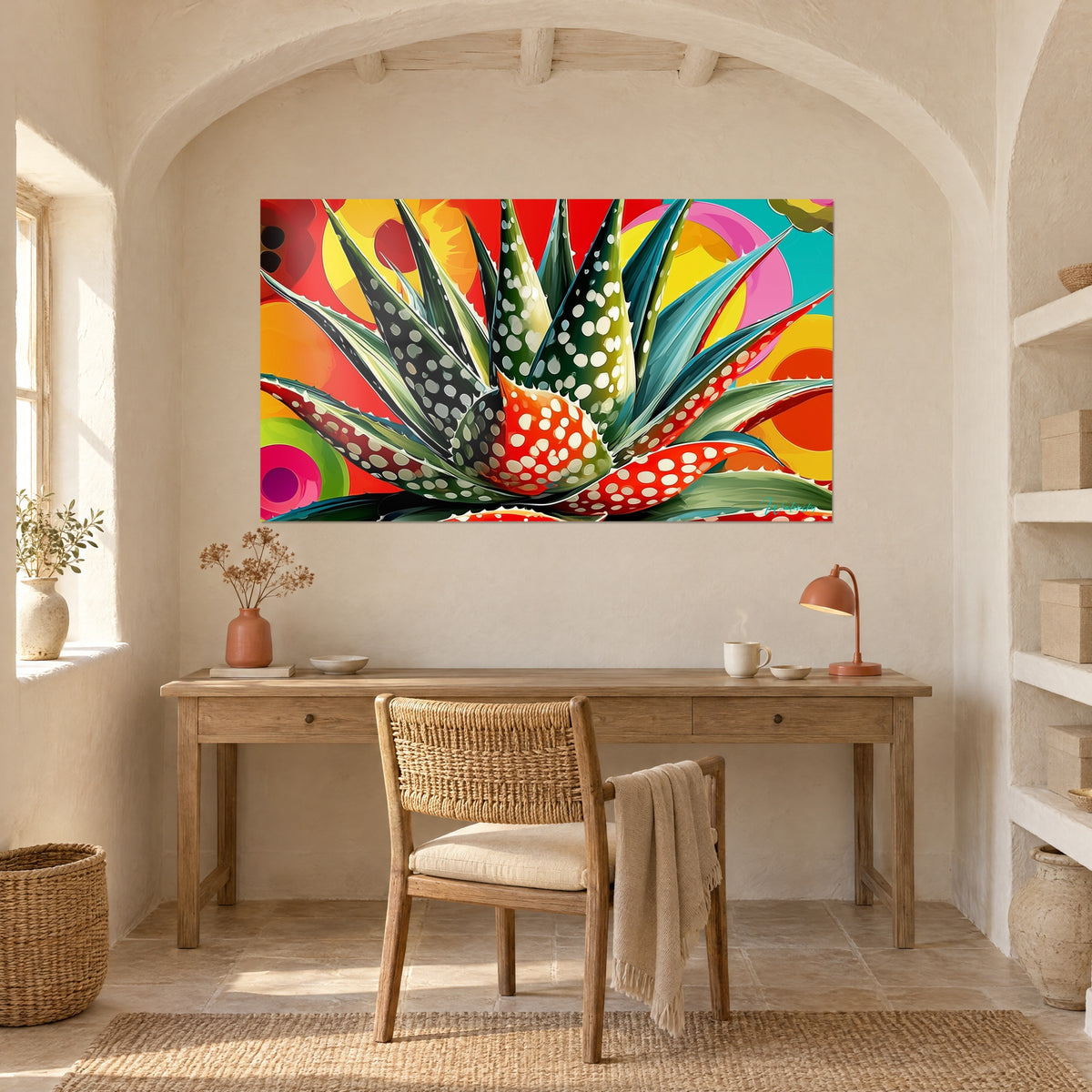 Tableau cactus tropical aux lames pommelées, turquoise, orange et rose vif, au mur d'un bureau en bois clair et chaise en rotin