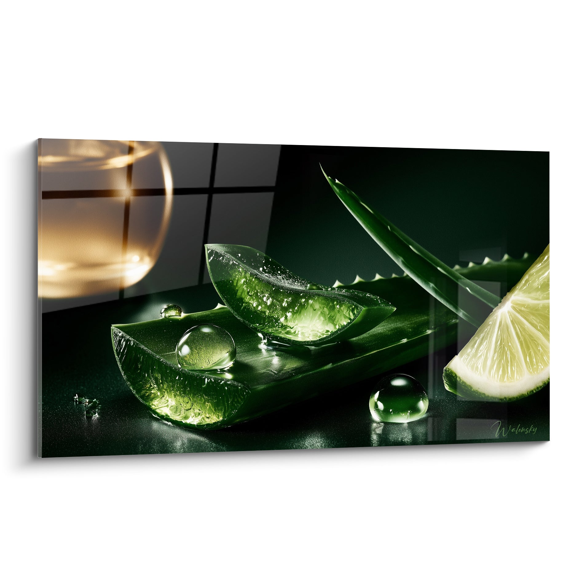 Feuilles d'aloe vera vert émeraude coupées, gouttes translucides, fond anthracite et citron vert