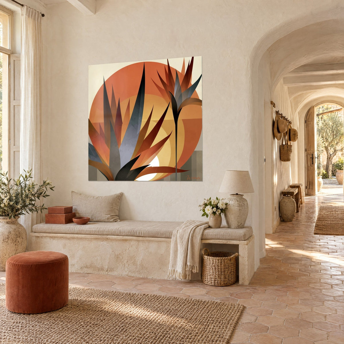 Wall art with aloe in black and ochre blades on a rusty solar disc, hung above a stone bench in a Provençal farmhouse