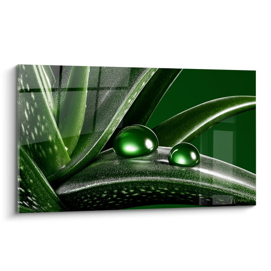Aloe vera vert émeraude et gouttes d'eau brillantes sur feuille texturée anthracite