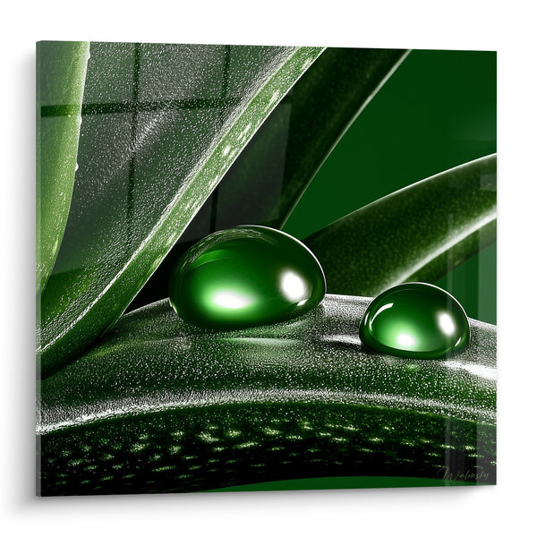 Quadri Foglie verde smeraldo e nero con gocce sferiche - Perle di rugiada - Edizione Aloe vera
