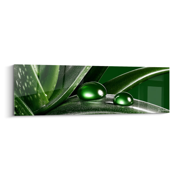 Quadri Foglie verde smeraldo e nero con gocce bombate - Riflessi sferici brillanti - Edizione Aloe vera