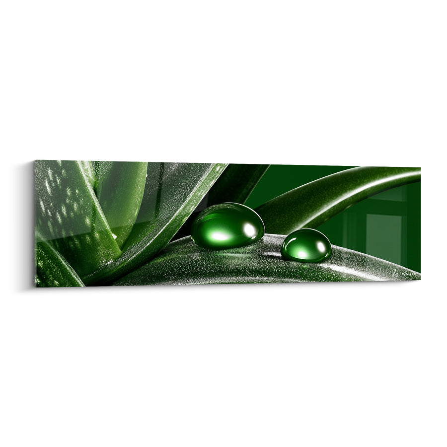 Tableau Feuilles vert émeraude et noir aux gouttes bombées - Reflets sphériques brillants - Edition Aloe vera