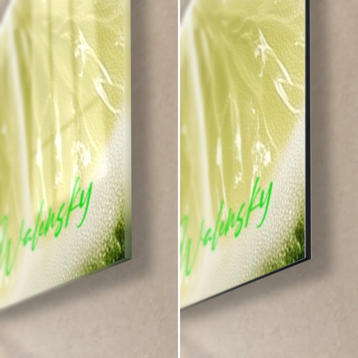 Wall art aloe vera and lime wedge, bottom right corner: glossy acrylic glass on the left, matte Dibond aluminum on the right