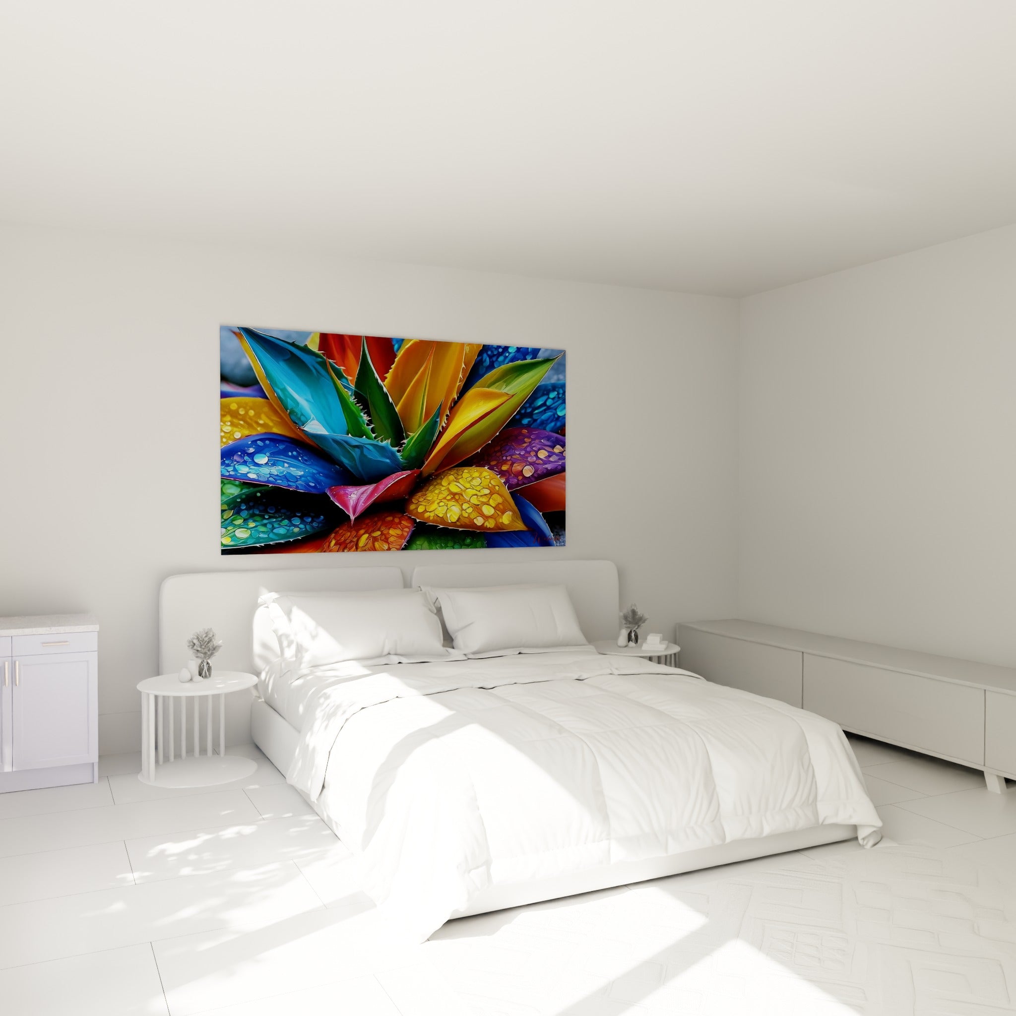 Feuilles multicolores d'Aloe vera, bleu profond et orange vif, accrochées au-dessus d'un lit dans une chambre claire