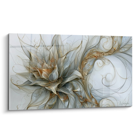 Aloe vera stylisé aux feuilles grises et dorées, composition graphique sur fond blanc cassé