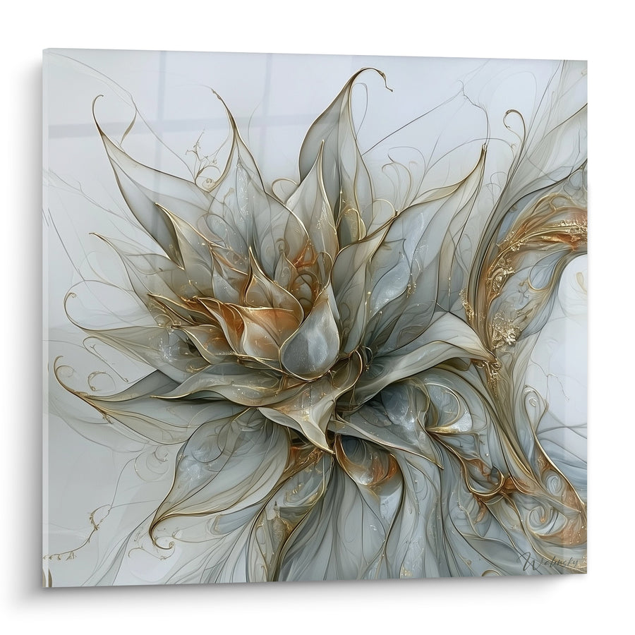 Tableau Aloe vera gris perle et cuivré aux volutes filiformes - Arabesques dorées translucides - Edition Aloe vera