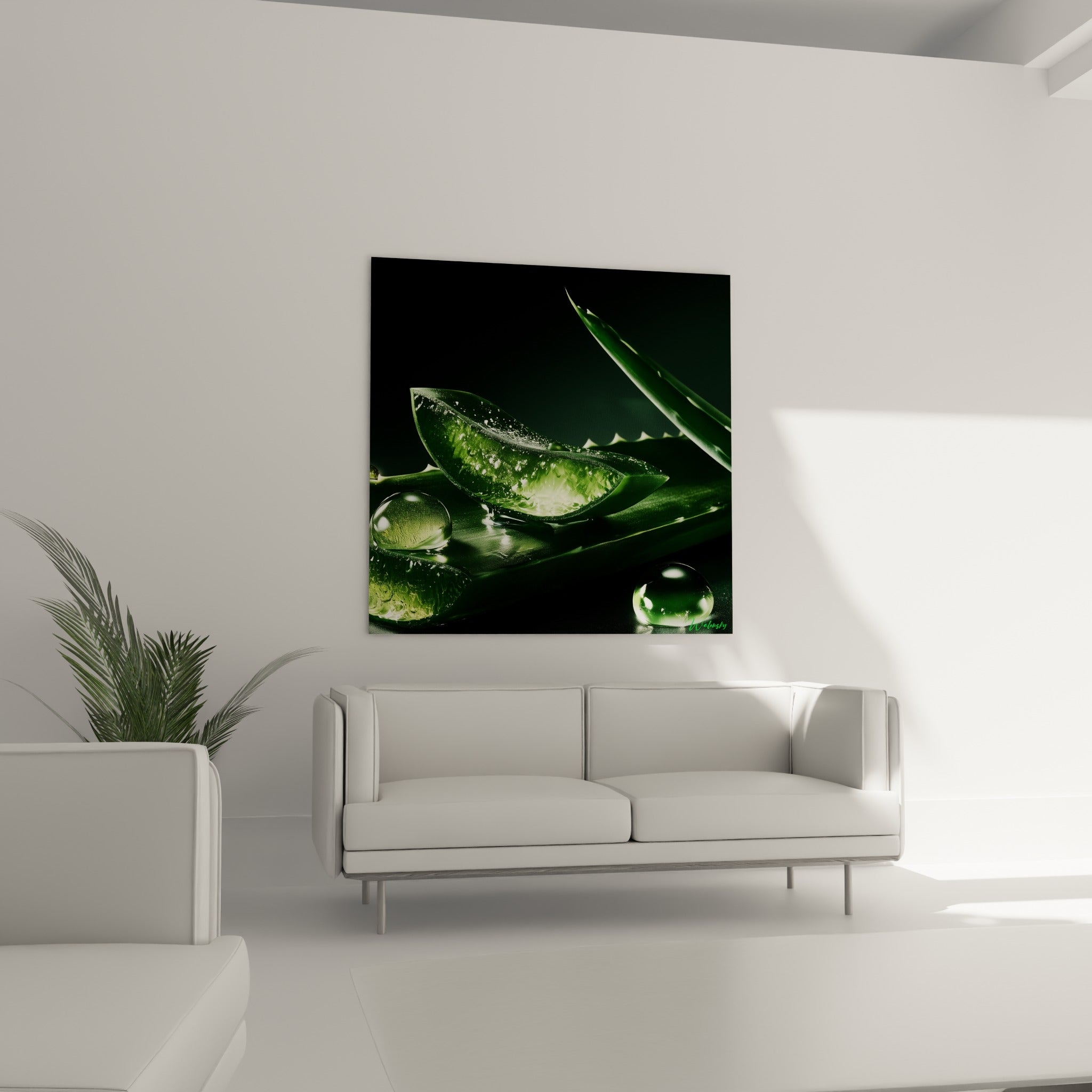 Feuille d'aloe vera hyperréaliste, vert olive et anthracite, au-dessus d'un canapé dans un salon lumineux