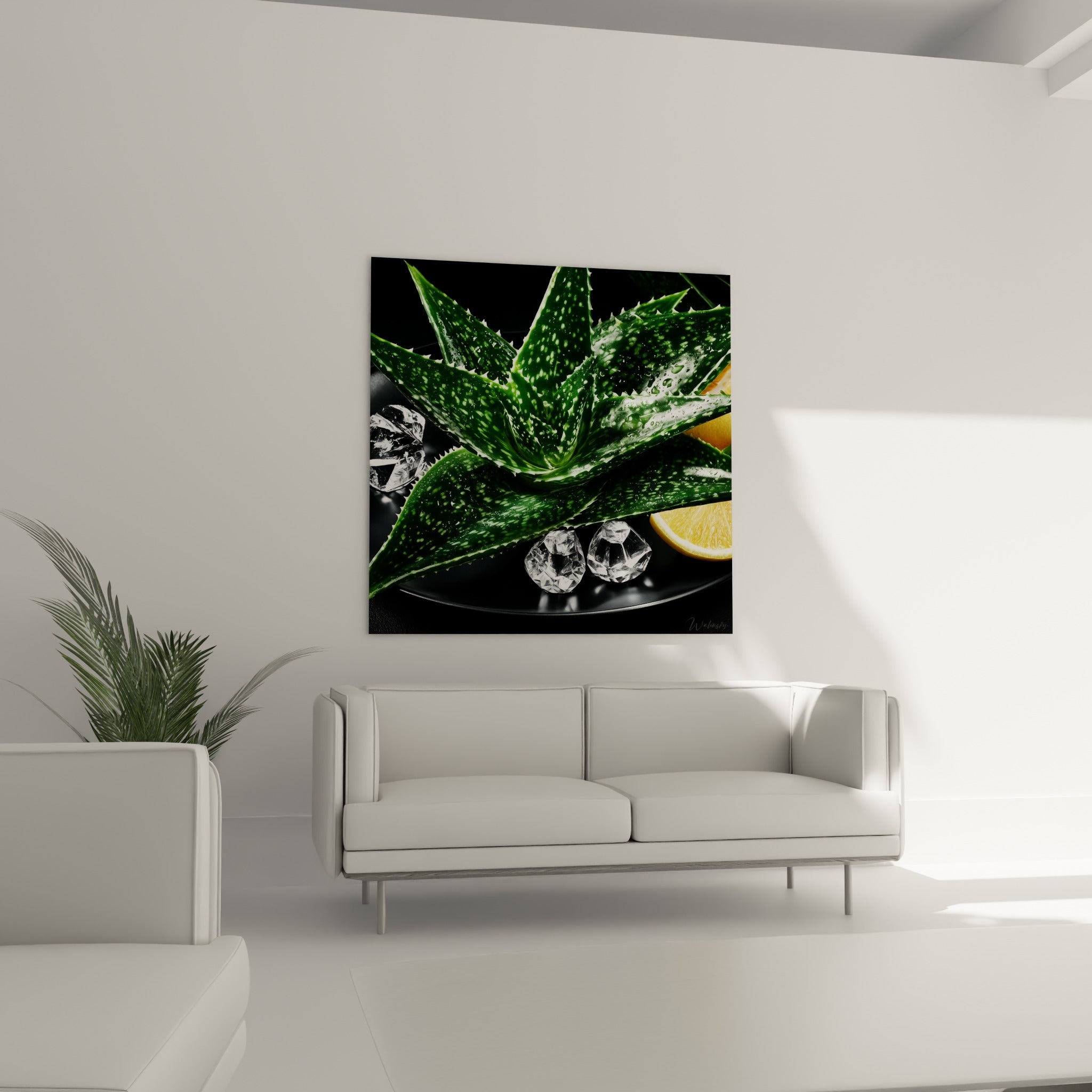 Composition d'aloe vera vert et jaune citron placée au-dessus d'un canapé dans un salon lumineux