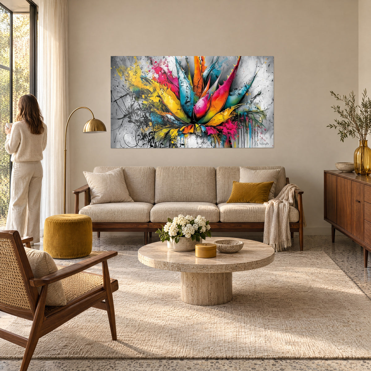 Tableau agave éclaté en pétales rose fuchsia et turquoise, éclaboussures jaunes, femme de dos, au-dessus d'un canapé dans un salon lumineux