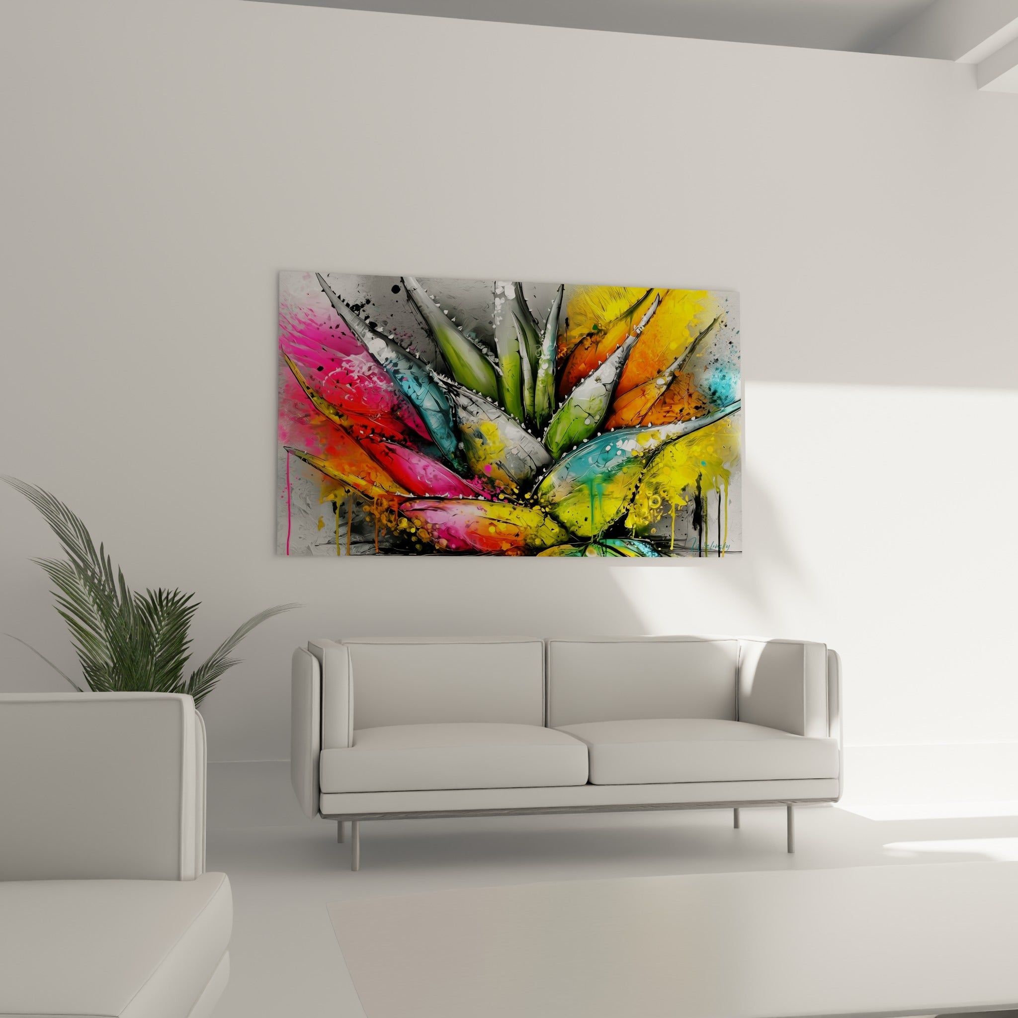 Plante grasse colorée jaune et rose fuchsia disposée au-dessus d'un canapé dans un salon lumineux