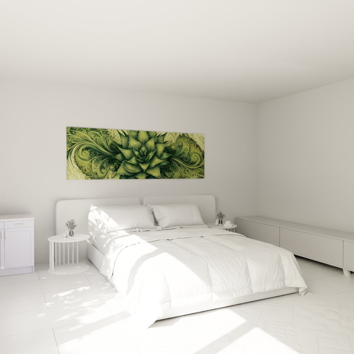 Rosette d'aloe vera vert kaki et olive au-dessus d'un lit dans une chambre claire