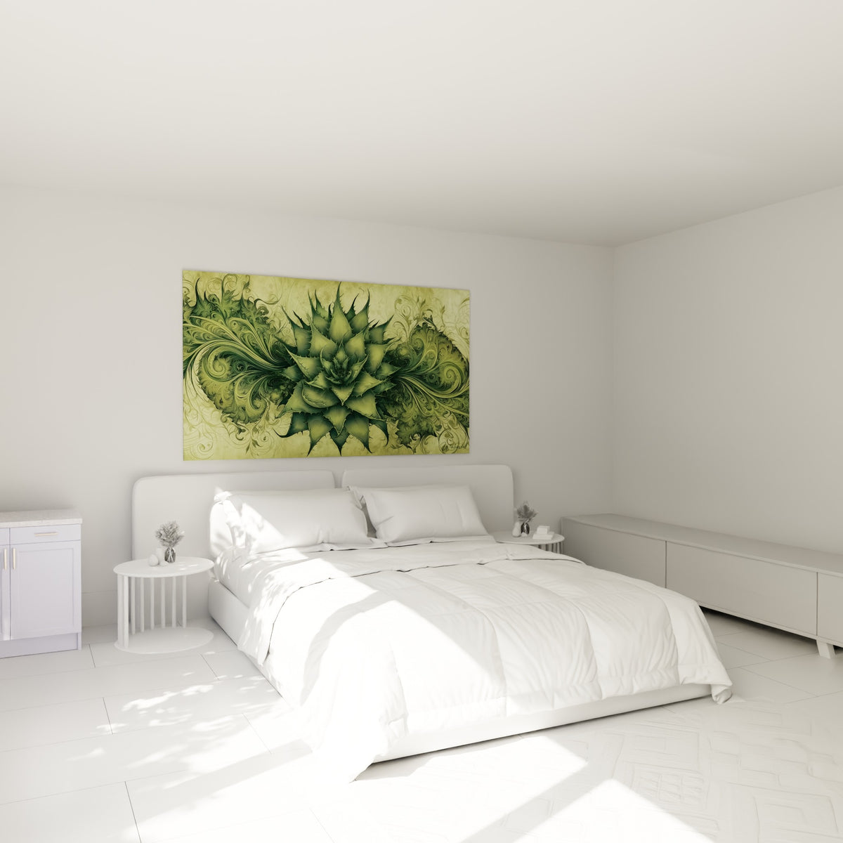 Rosette d'Aloe vera anthracite et vert olive, accrochée au-dessus d'un lit dans une chambre claire