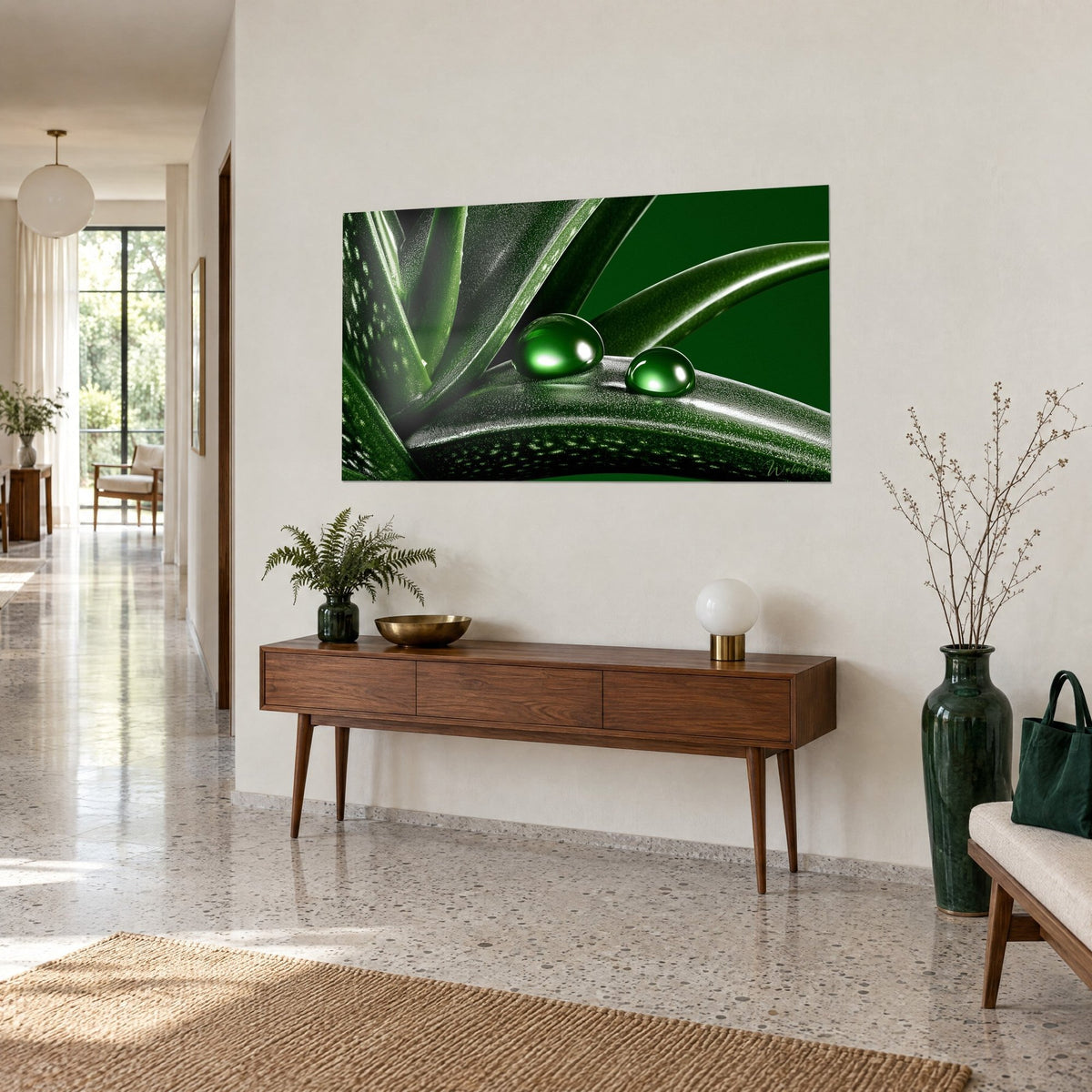 Wall art of a close-up succulent, bright green dew drops on a dark green background, wooden console and black vase in a hallway