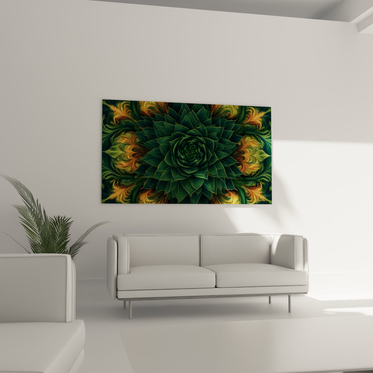 Aloe vera vert sombre et ambré aux volutes symétriques, placé au-dessus d'un canapé dans un salon lumineux