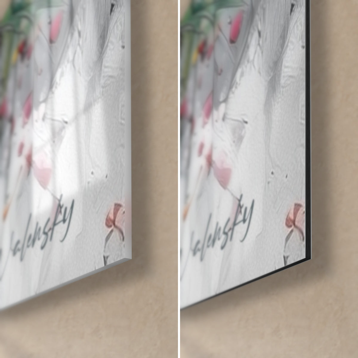 Tableau plante grasse jaune et rose, coin bas droit : verre acrylique brillant à gauche, alu Dibond noir mat à droite