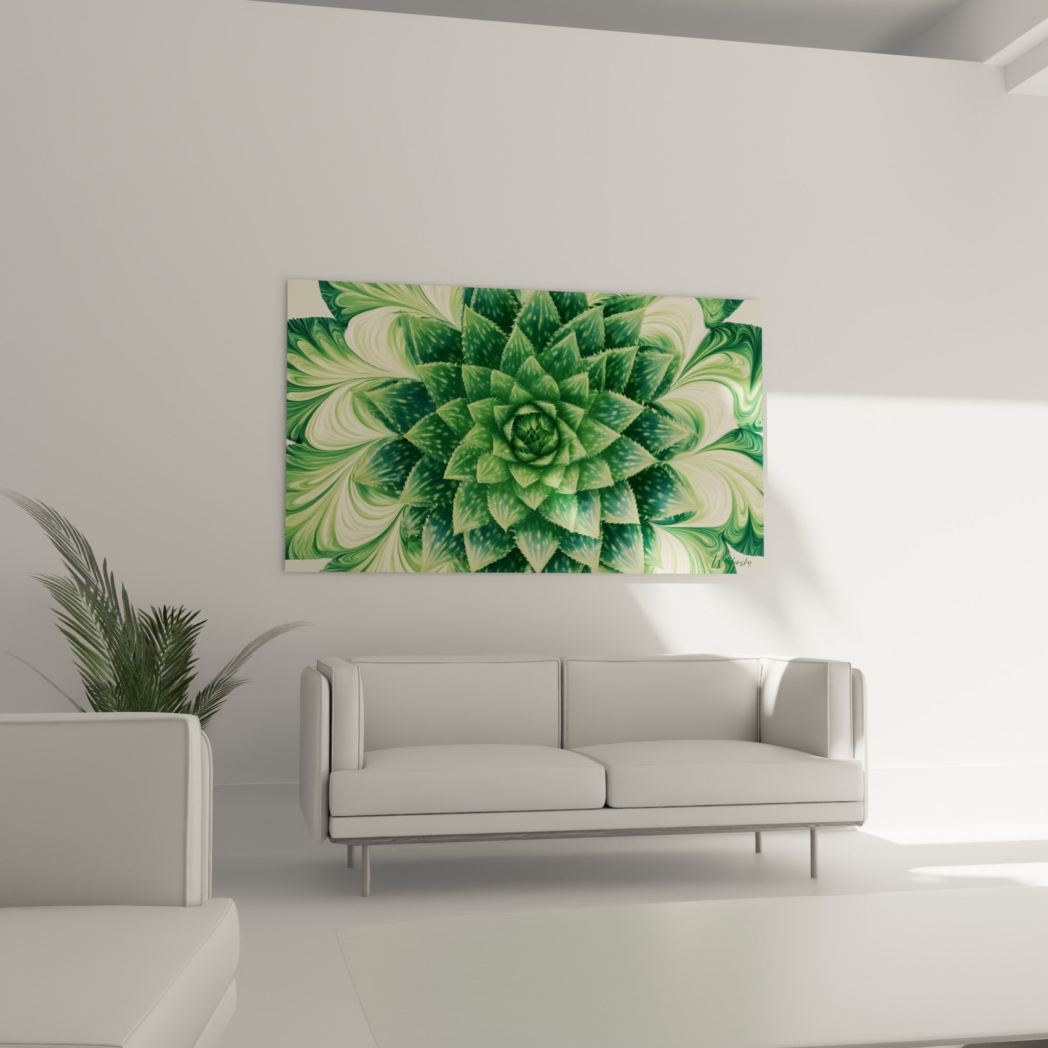 Motif d'aloe vera vert et ivoire tourbillonnant au-dessus d'un canapé dans un salon lumineux