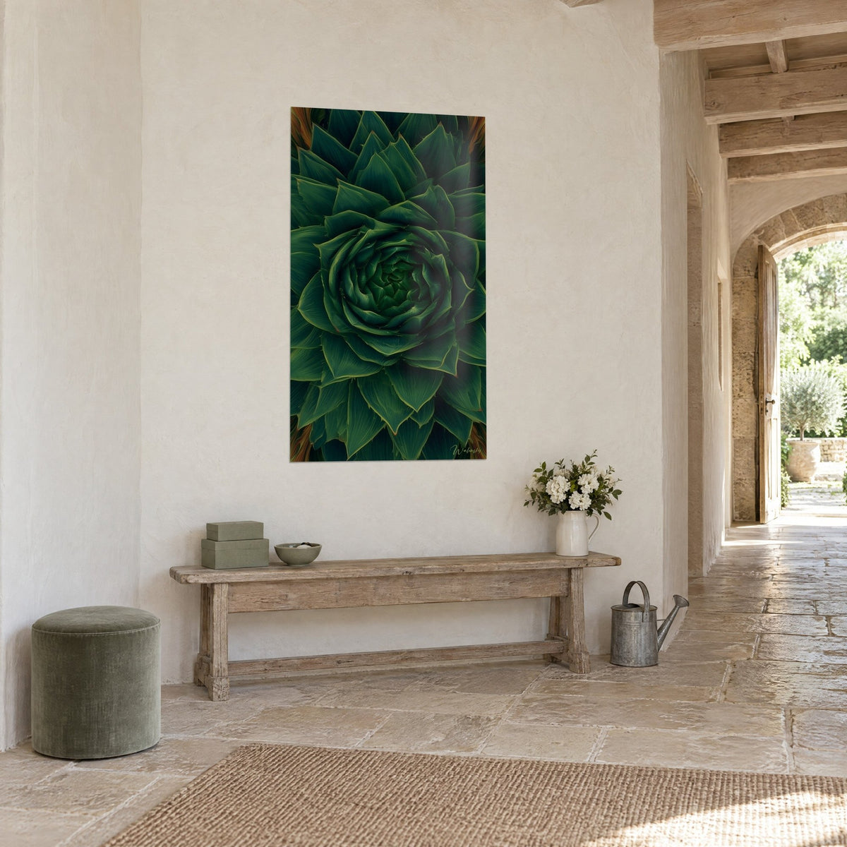 Wall art spiral succulent, fir-green leaves with golden highlights, hung in a vaulted stone corridor