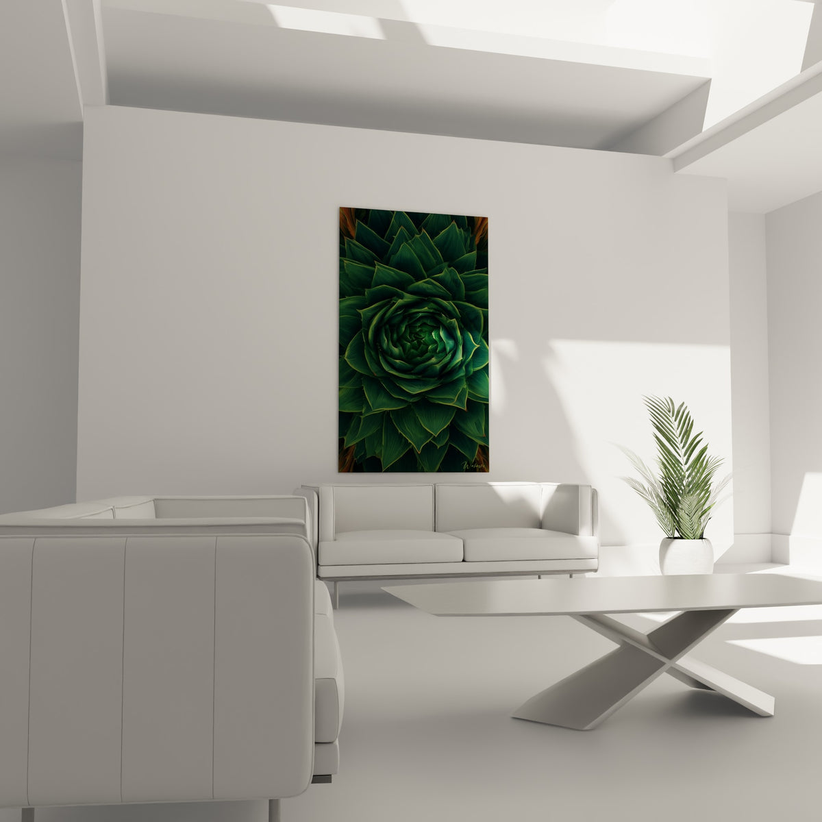 Motif végétal en spirale vert émeraude et cuivré, disposé au-dessus d'un canapé dans un salon lumineux.
