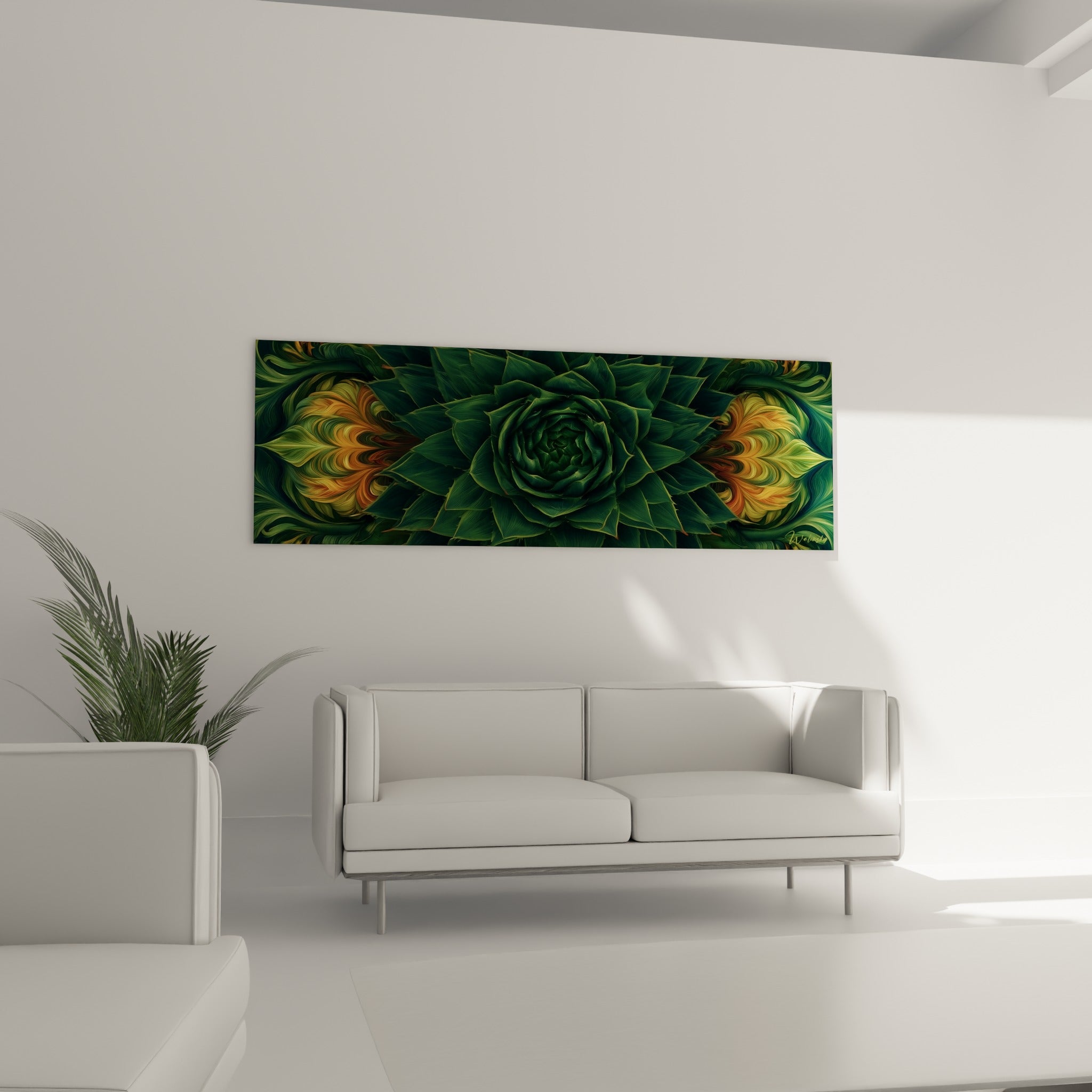 Composition symétrique d'aloe vera vert sauge et doré, disposée au-dessus d'un canapé dans un salon lumineux.