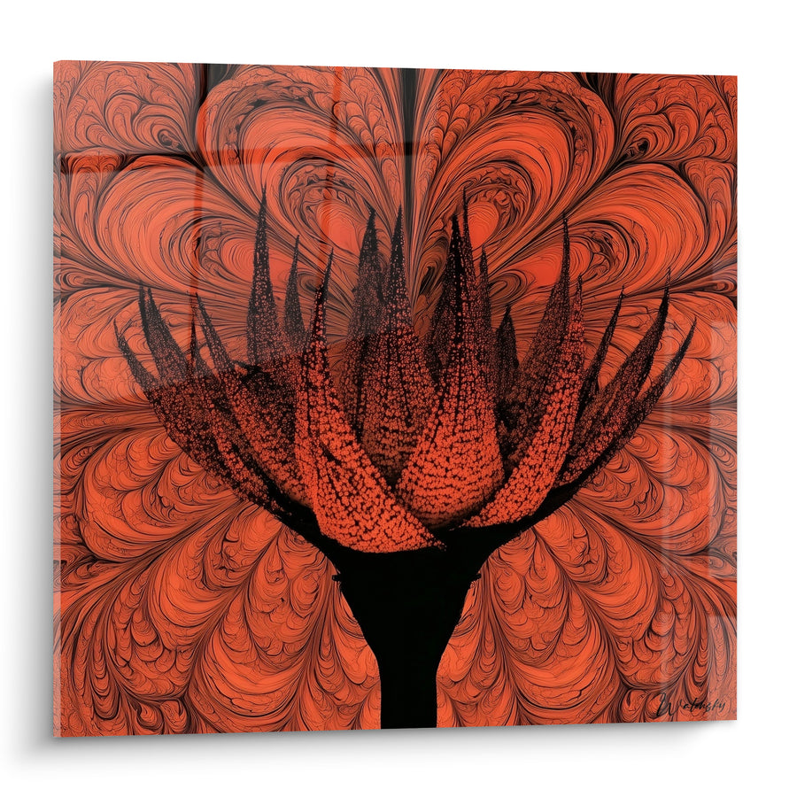 Tableau Aloe vera silhouette noire rosace corail - Transe végétale - Edition Aloe vera